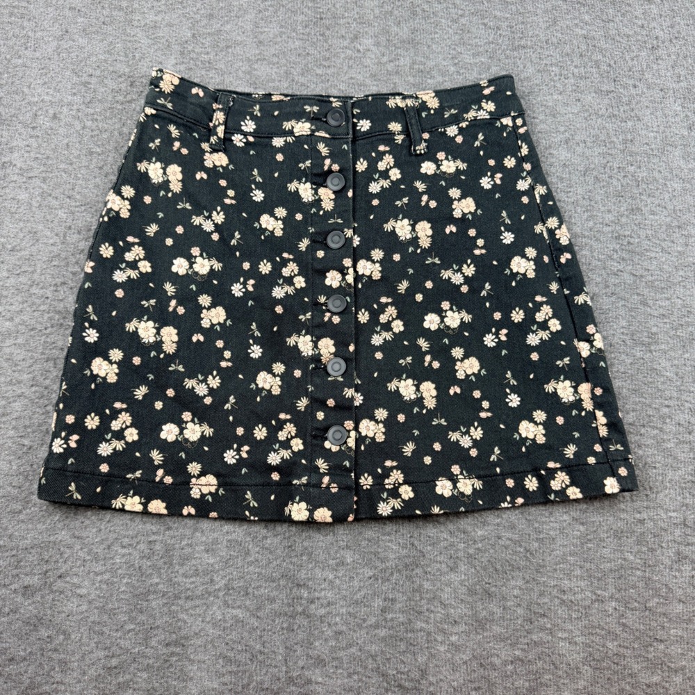 Celebrity Pink Button Front Skirt Women's Size S Black Floral‎ Daisy Denim Mini